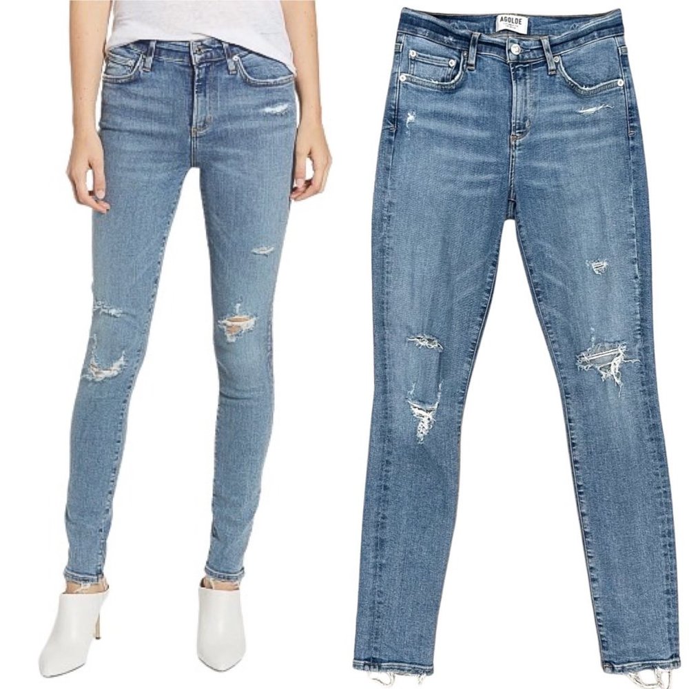 Agolde Sophie High Waist Distressed Skinny Jeans In Beyond Blue Denim Size 26